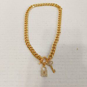 ✨ Cuban Link Style Choker Necklace with Lock & Key Charms – Gold Tone, New ✨